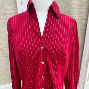 Vintage Y2K Red Stretch Shirt Silver Glittery Stripes Flower Jeweled Buttons